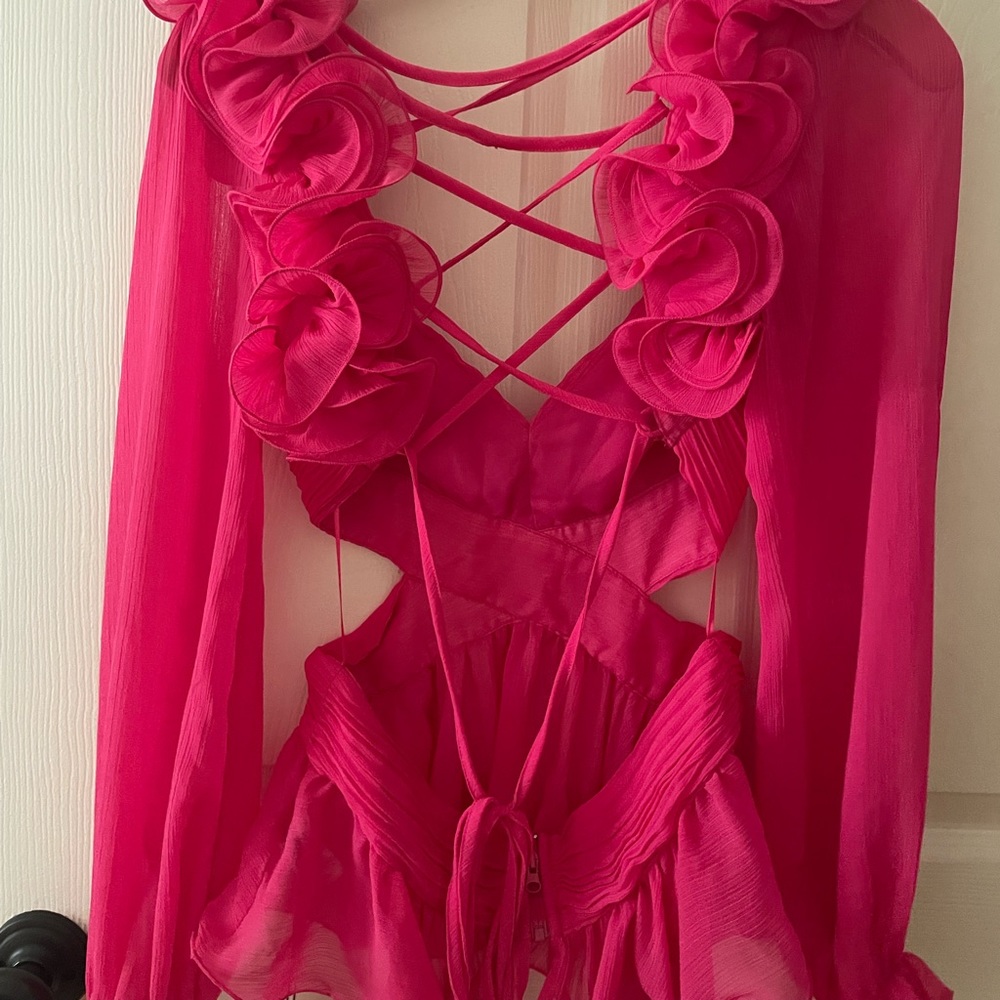 Hot Pink Magenta Sheer Floral Appliqué Blouse 3D Flower
